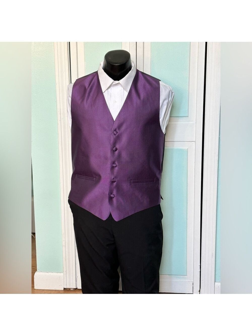 Plum Purple Herringbone Closed Back Vest Wedding Prom Men’s 2XL 2X Tall Long